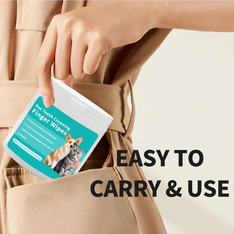 Person holding a package of pet teeth cleaning finger wipes with text 'Easy to carry & use' on beige pants.