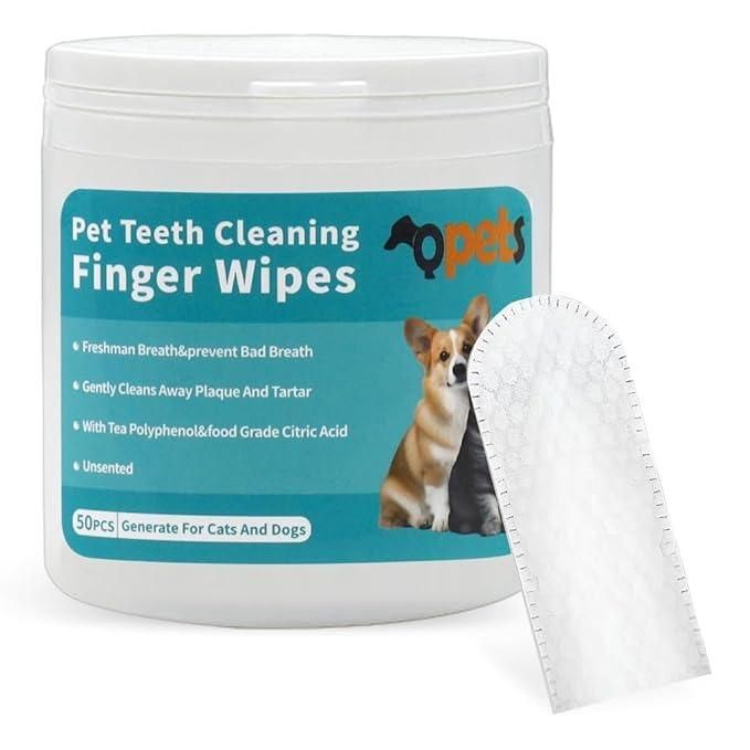 Pet teeth cleaning finger wipes with a container labeled 'opets' on a white background
