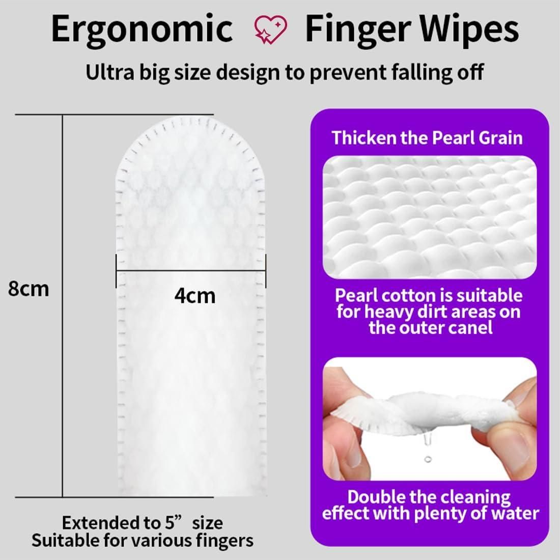 Ergonomic finger wipes with text on ultra big size design, pearl grain thickness, and cleaning effectiveness.