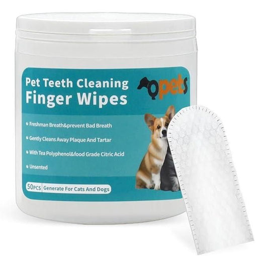 Pet teeth cleaning finger wipes with a container labeled 'opets' on a white background