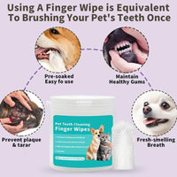 Pet teeth cleaning finger wipes with images of a dog, cat, and text about dental care.