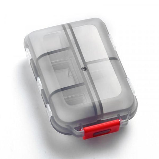 Clear plastic container with a red latch on a white background
