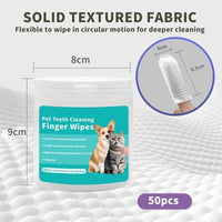 Pet teeth cleaning finger wipes packaging with dimensions and usage instructions.